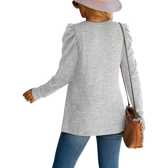 Womens Lightweight Puff Sleeve Pleated Square Neck Tunic Sweaters Shirts - Picture 4 of 5